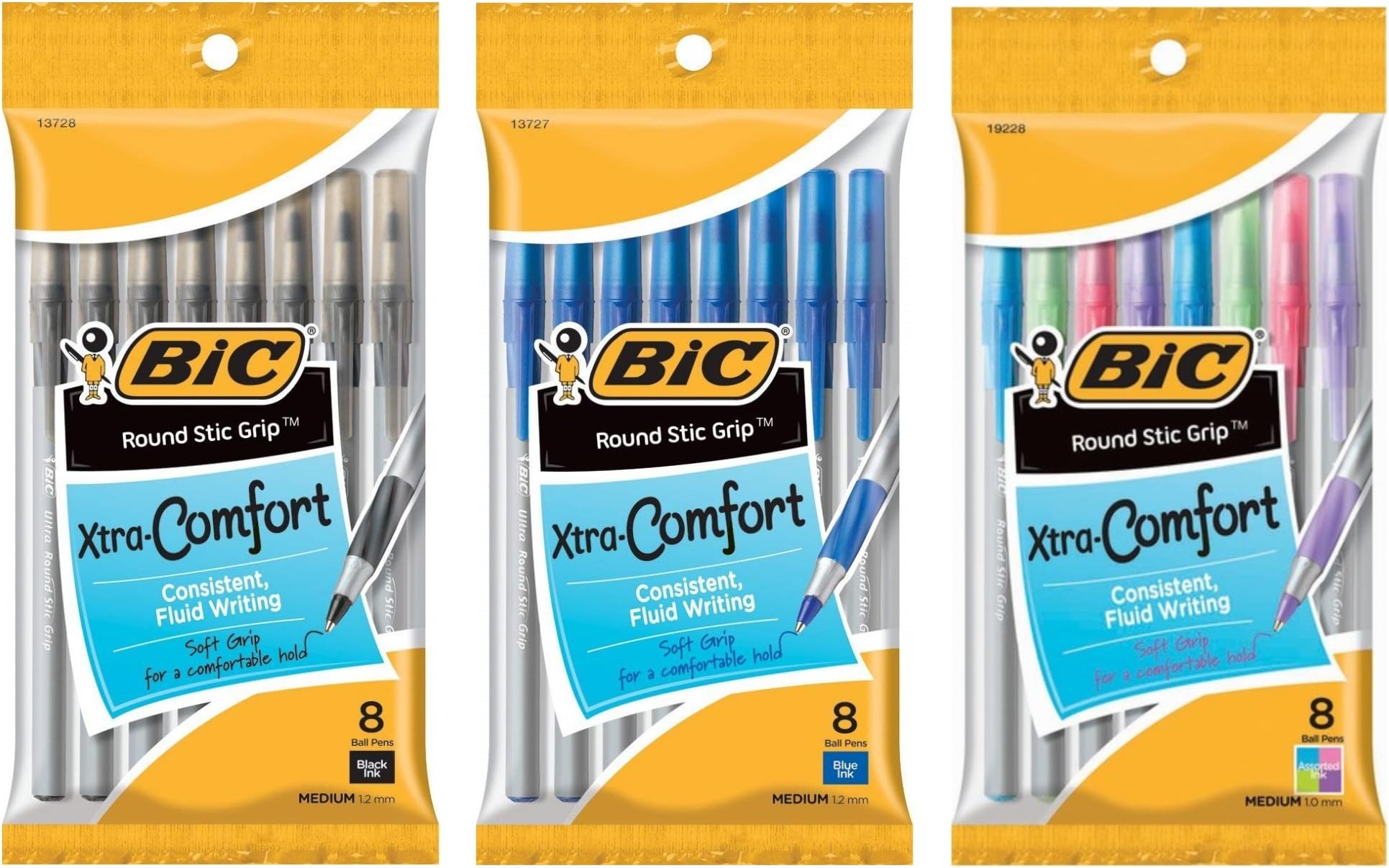 BIC Round Stic Grip Xtra Comfort Soft Grip Ballpoint Pen, Medium Point (1.2 mm) Bundle - Black Ink (8 count), Blue Ink (8 count), and Assorted Fashion Colors (8 count)