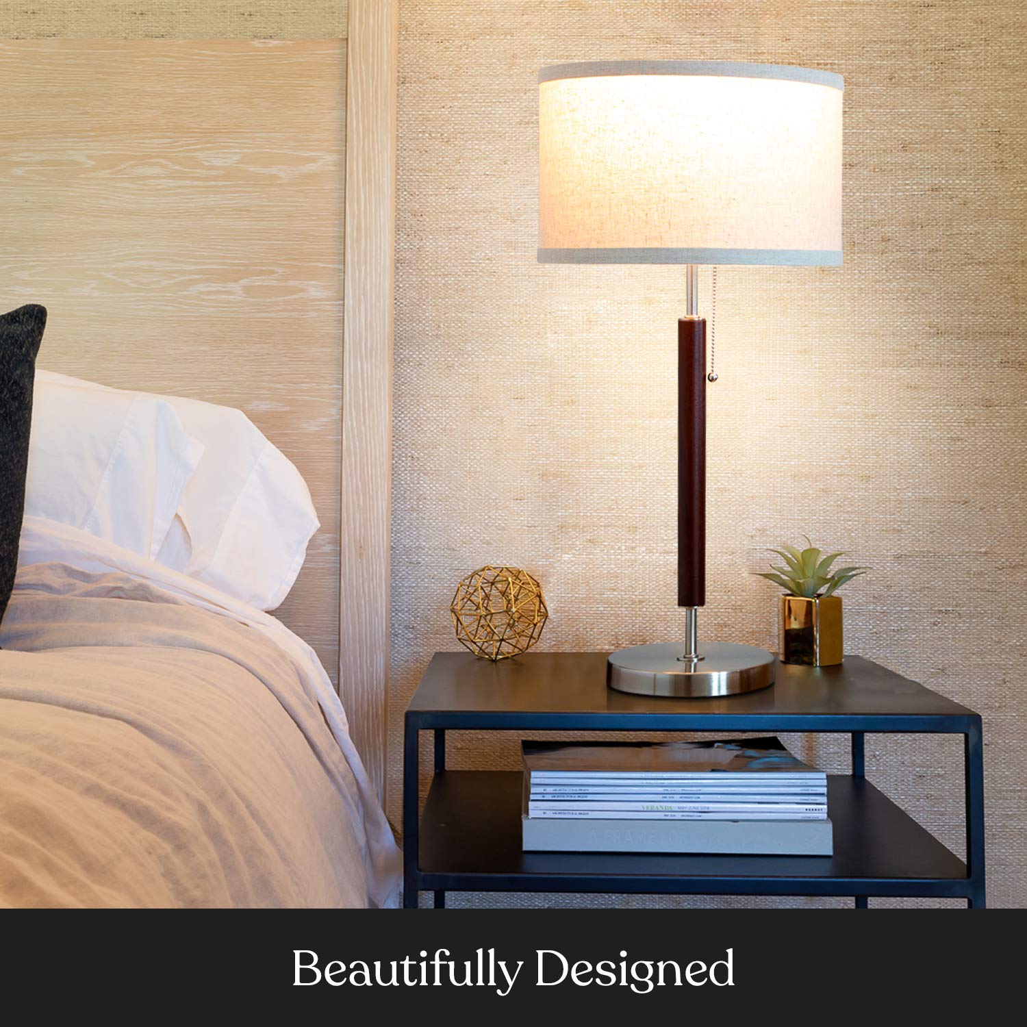 Brightech Carter LED Bedside Lamp - Compact Table & Desk Reading Lamp for Bedroom, Living Room, Office - Modern Nightstand & Side Lamp with Soft Ambient Light - Stainless Steel & Wood Finish
