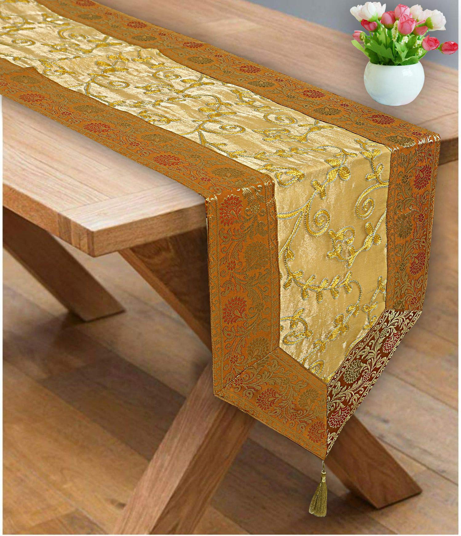 Stylo Culture Indian Dining Table Runners 72 Inch Long Gold Yellow Bohemian Decorative Embellished Zari Embroidered Tassels 6 ft Brocade Jacquard Bordered 14 Inches Wide Table Cloth Party Decor