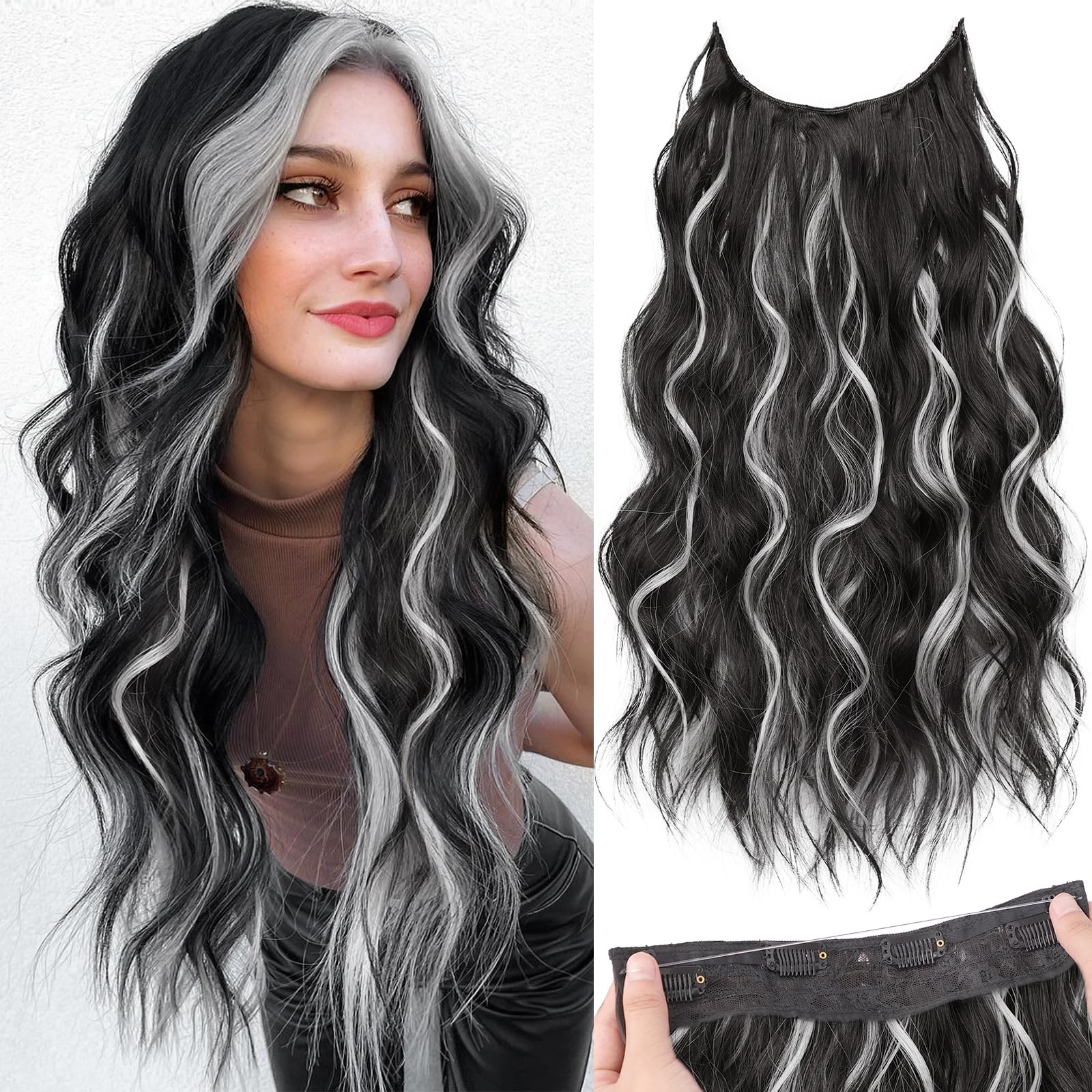 Photo 1 of KooKaStyle Invisible Wire Hair Extensions with Transparent Headband Adjustable Size 4 Secure Clips Long Wavy Secret Wire Hairpiece 20 Inch for Women(Black with Smokey Silver)