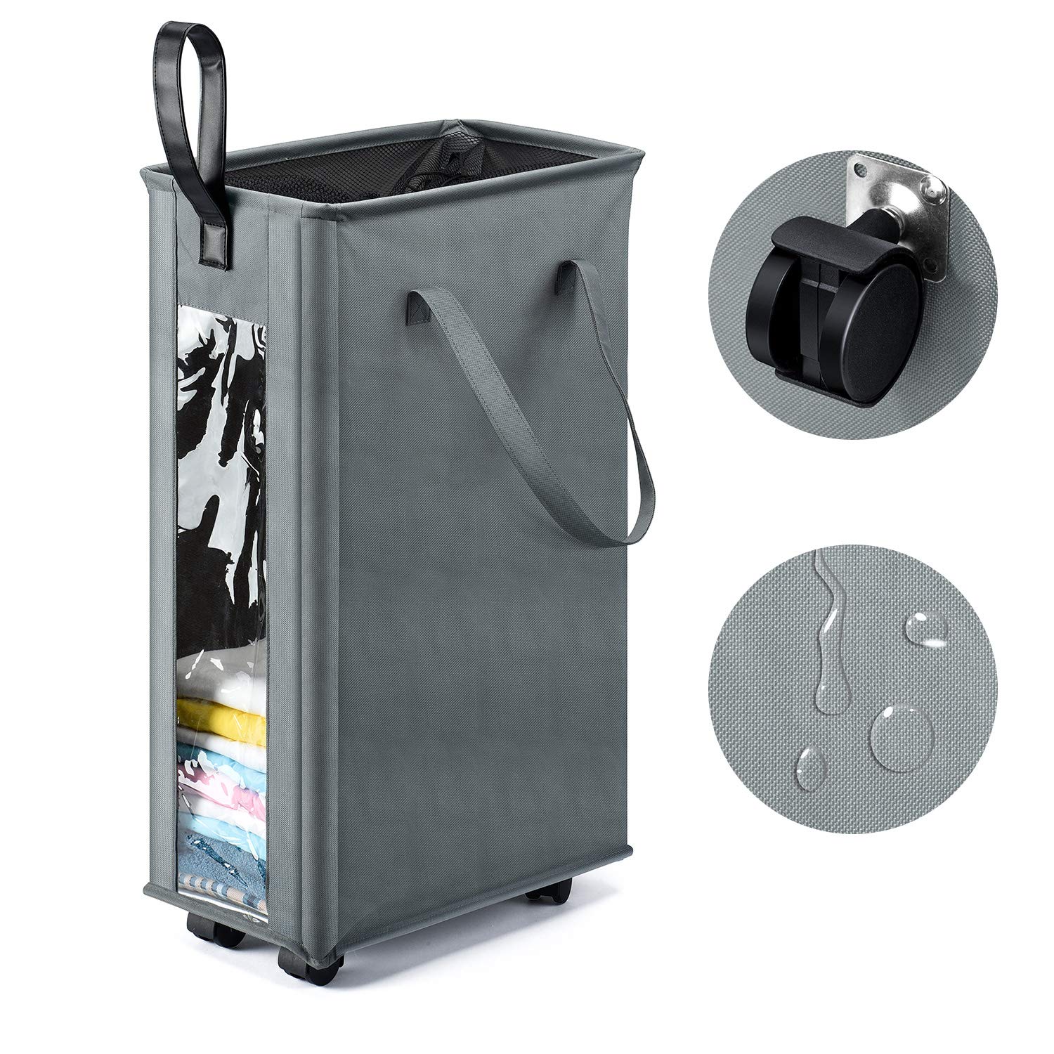 HOUSE DAY Grey 62L Slim Tall Laundry Basket with 360 Degree Swivel Wheels and Durable Handle, Waterproof Rolling Laundry Basket Hamper with Breathable Mesh Cover and Clear