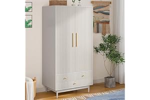 Mxtxmy Armoire Wardrobe Closet with 2 Fluted Doors,64.96" Wooden Clothes Storage Cabinet with Hanging Rod and Shelf Storage,Wardrobe Cabinet with 3 Drawers,Freestanding Closet for Bedroom,White