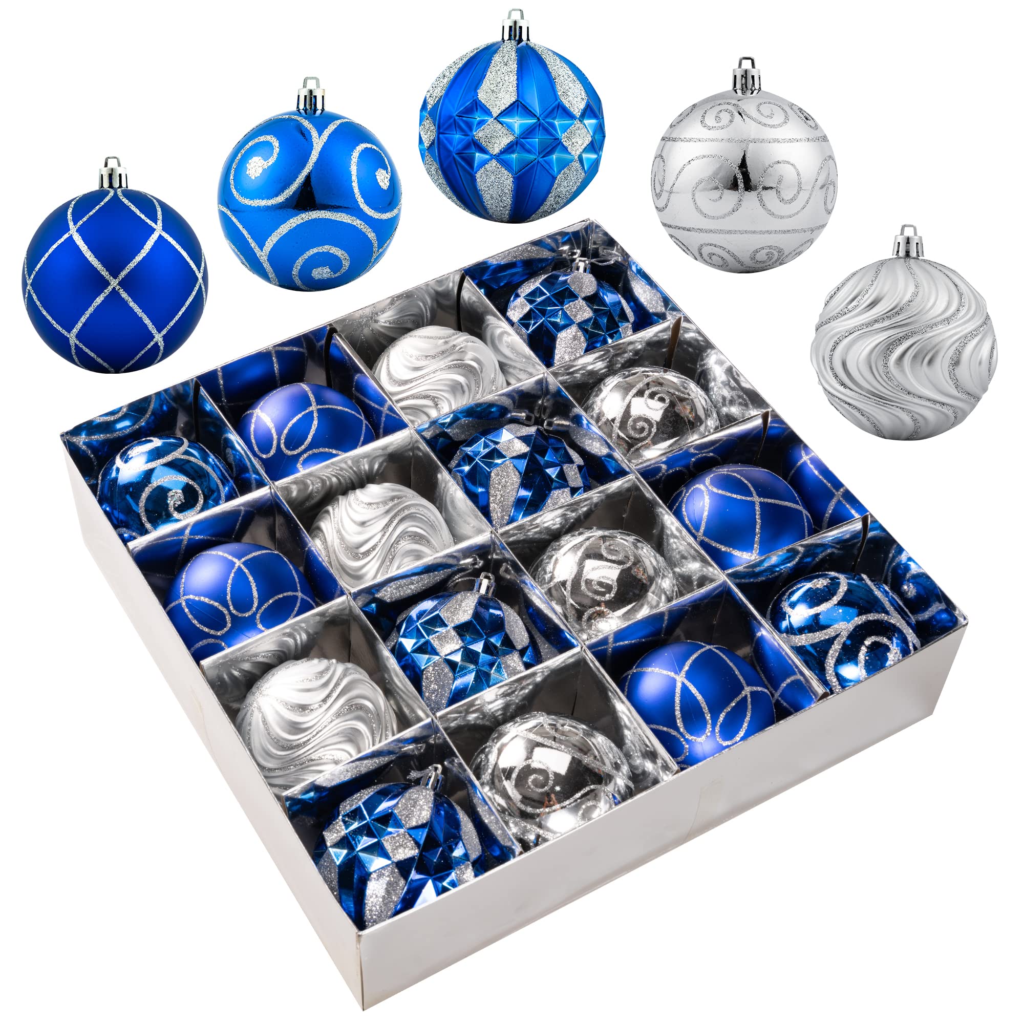 Photo 1 of 16 Pcs Blue & Silver Ball Ornaments Set for Christmas Tree, 3.15" Assorted Big Shatterproof Christmas Decorations for Xmas Holiday/Party/Wedding (Blue & Silver)