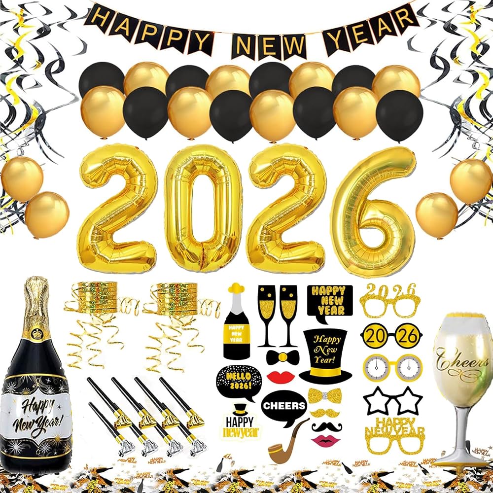 BFSYRR 66 Pcs New Year Decorations 2026 XXL Set, Balloons & Banners