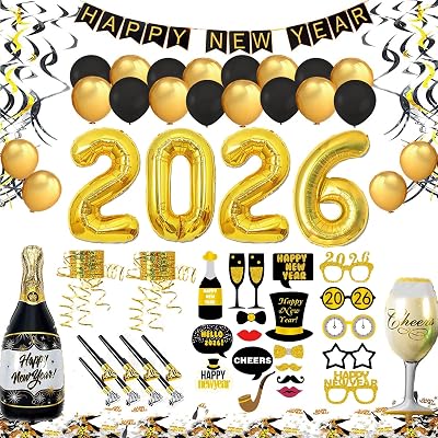 BFSYRR 66 Pcs New Year Decorations 2026 XXL Set, Balloons & Banners