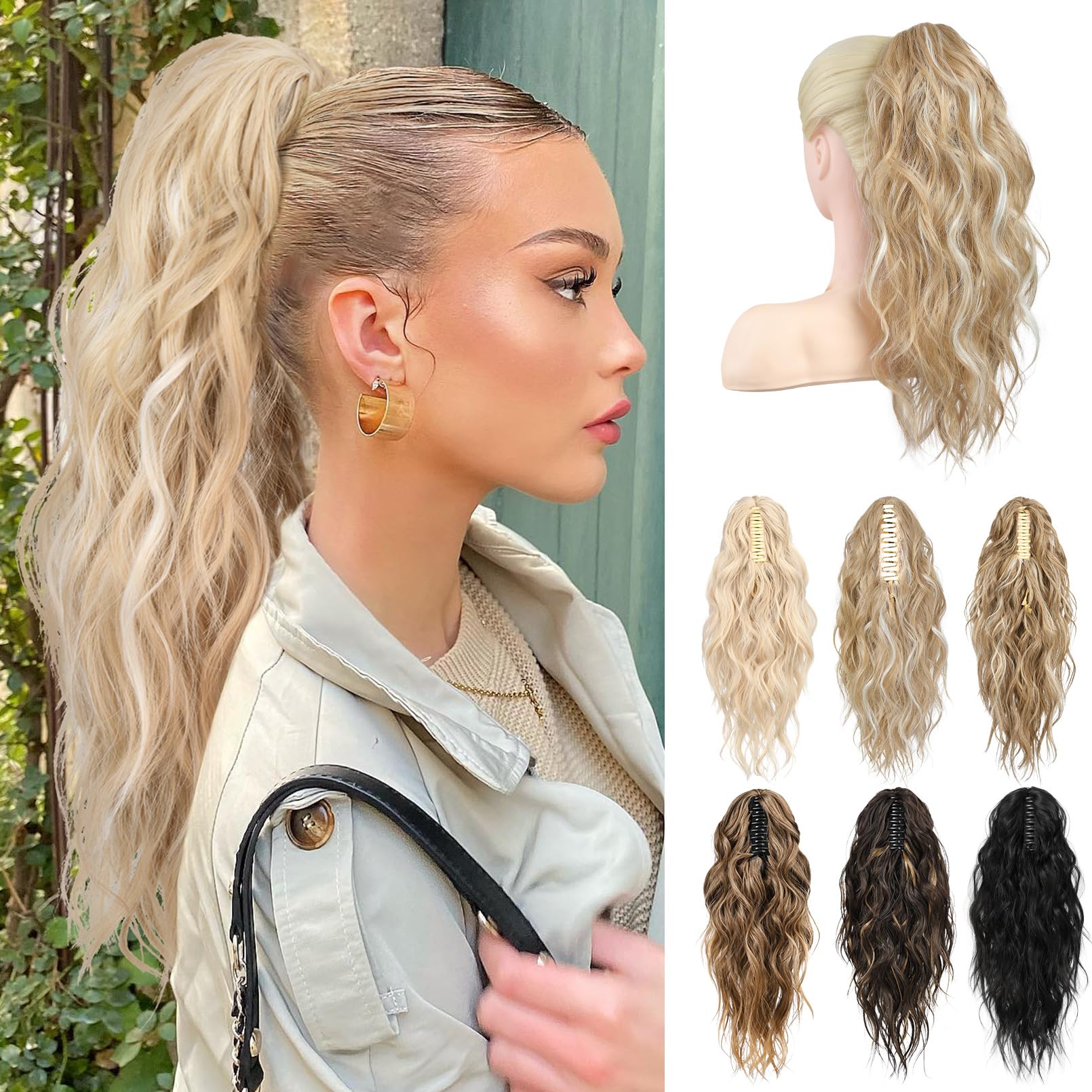 Photo 1 of LONAI Ponytail Extension, 18" Wavy Claw Clip Ponytail Extensions Shoulder Length Curly Wavy Claw Clip in Ponytail Hair Extensions Synthetic Fake Pony tails Hairpieces-Golden Blonde White Blonde