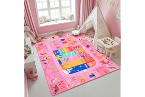 Flagover Pink Kids Rug for Playroom Classroom, ABC Alphabet Numbers Play Toddlers Rugs, 3x5 Learning Educational Bedroom Floor Mat, Washable Baby Carpet for Girls Room, Nursery, Preschool, Daycare