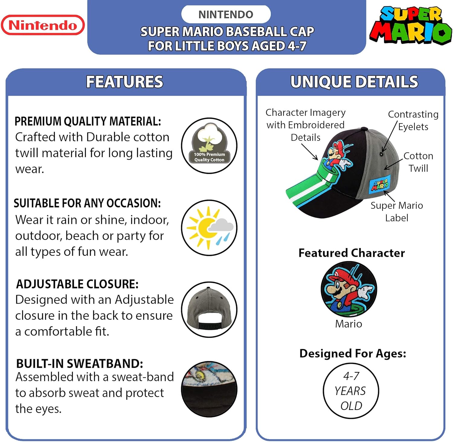 Nintendo Little Boys' Super Mario Character Baseball Cap, Black/Grey, Ages 4-7: Clothing