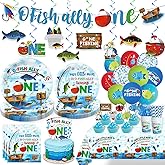 cocomigo 201pcs Ofishally One Birthday Decorations Tableware Set, O Fishally One First Birthday Decorations Plates Banner Cake Topper Ofishally One Balloons for Gone Fishing Party Decorations
