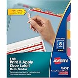 Avery 8 Tab Plastic Dividers for 3 Ring Binder, Easy Print & Apply Clear Label Strip, Index Maker Customizable Multicolor Tabs, 5 Sets (11433)