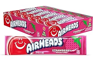 Airheads Candy, Strawberry Flavor, Individually Wrapped Full Size Bars, Taffy, Non Melting, Party, Pack of 36 Bars