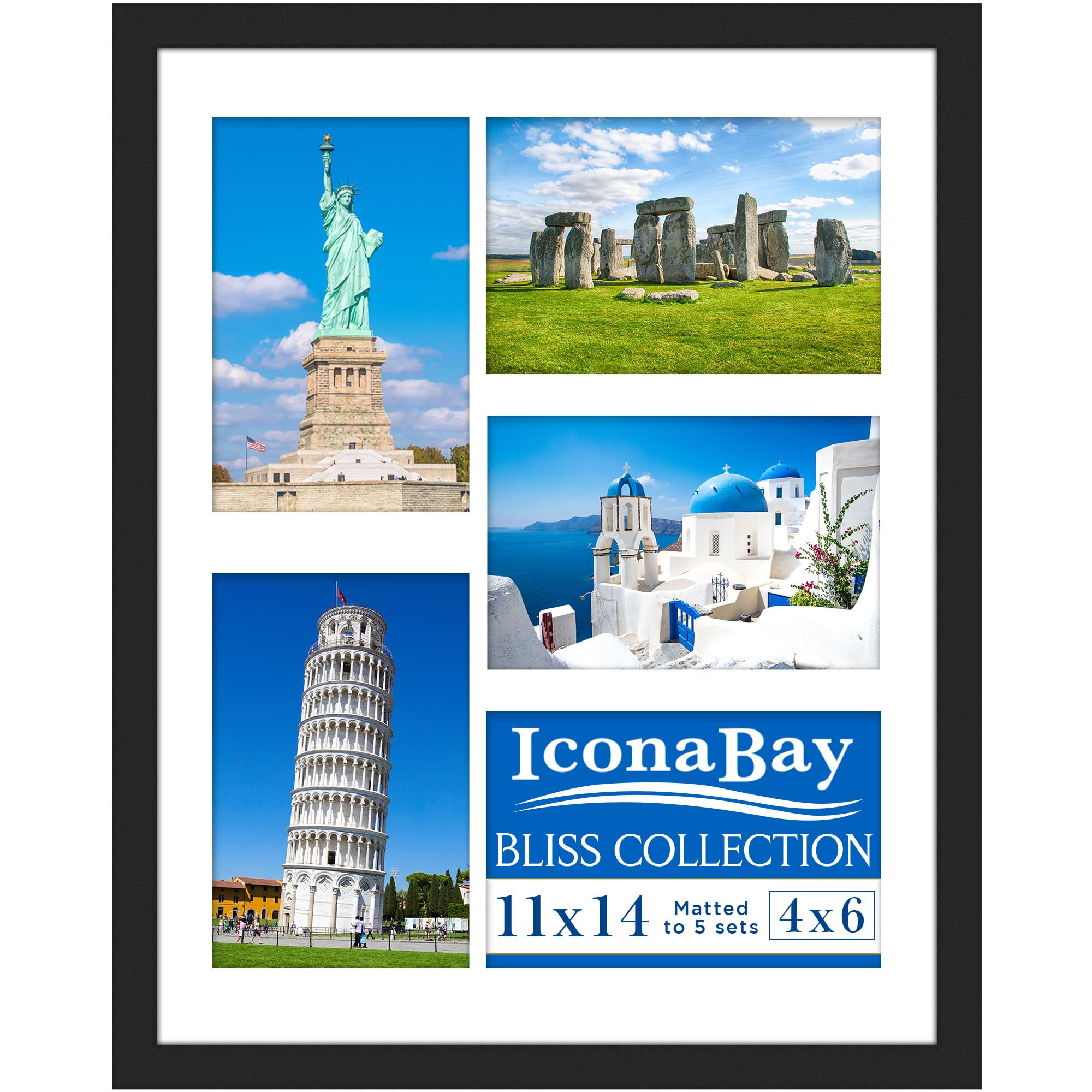 Icona Bay - 14x11 Black Collage Picture Frame with Removable Mat for Five 6x4 Photos - Modern Style Engineered Wood Frame - Wall Mount Only - Bliss Collection