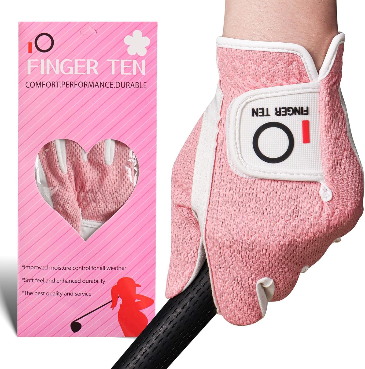 FINGER TEN Golf Gloves Women Left Hand Right Microfiber All Weather Grip Rain Hot Wet Value Pack, Ladies Golf Gloves Soft Flexible Durable Wear Resistance Good Grip (Pink, M, Left)