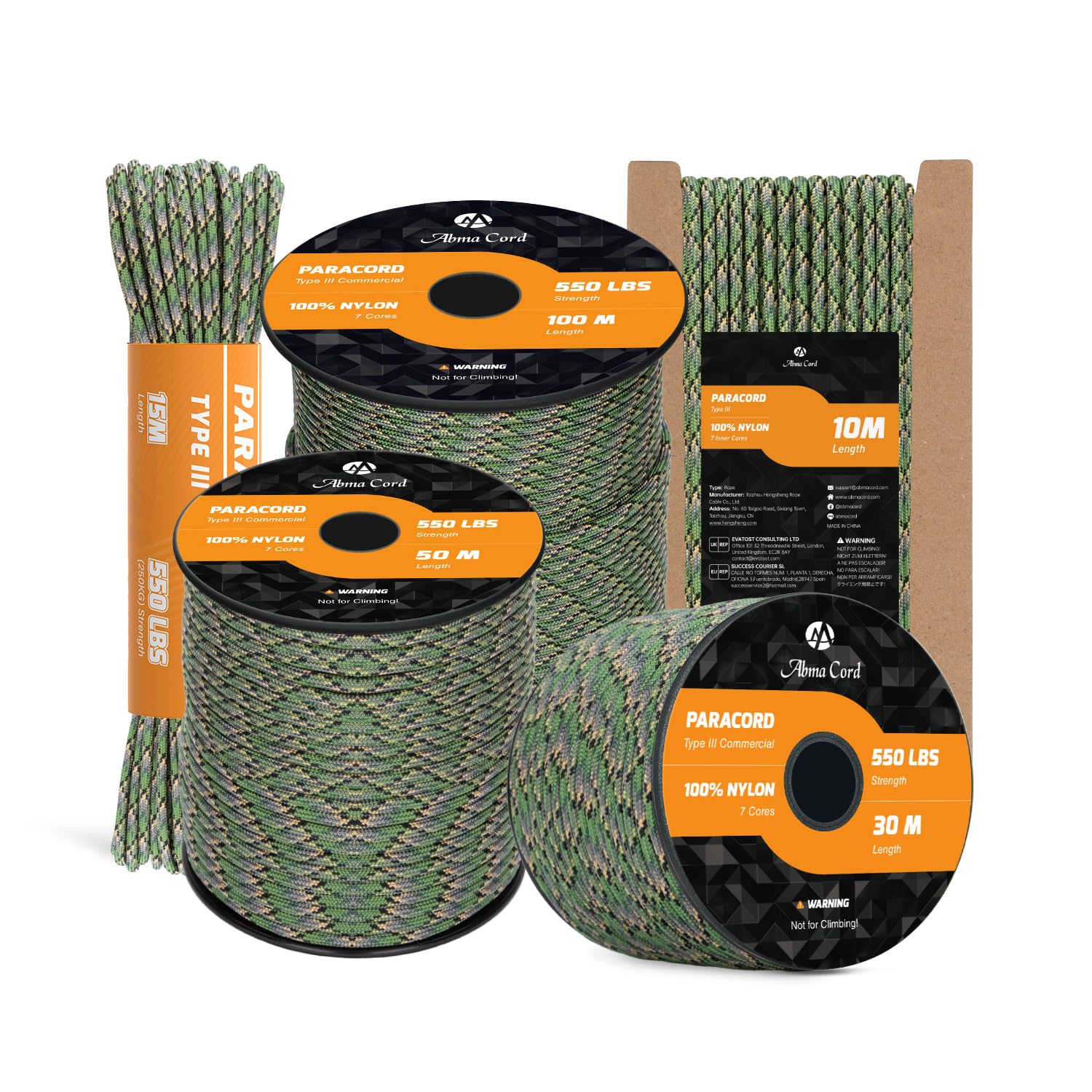 Abma Cord Paracord 550 4mm 15m 100% Nylon Rope Type III 7 Strands Parachute Cord for DIY, Camping, Survival, Outdoor - Max. 250kg - Jager Camo