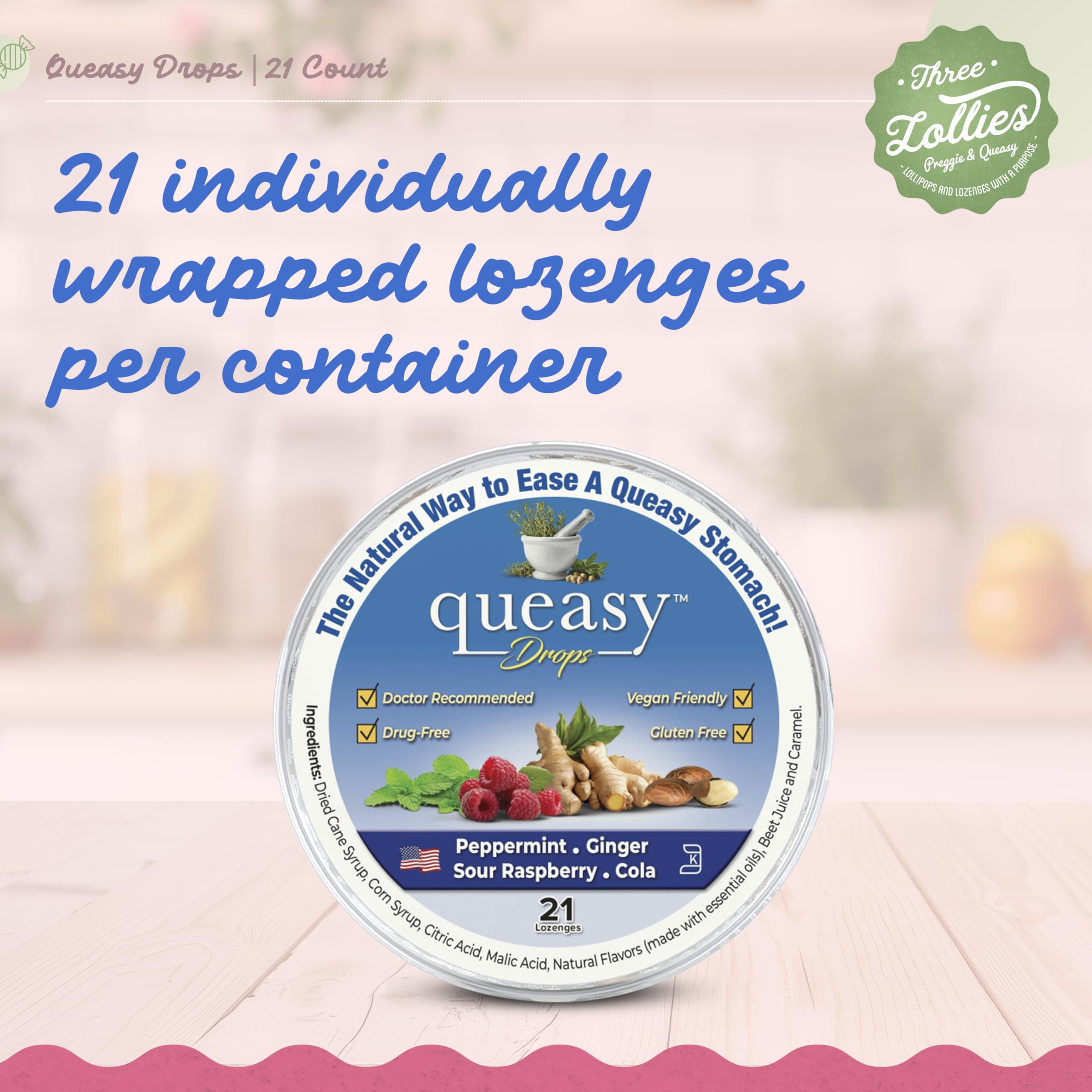 Three Lollies Queasy Drops Sugar Free - Natural Sour Raspberry Flavor - Ease Chemotherapy Nausea & Travel Sickness - Alleviates a Dry Mouth - Natural Ingredients - 21 ct