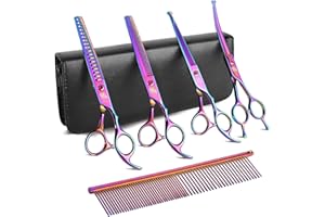 DRGSKL 7" Dog Grooming Scissors Kit Multicolour, Premium Japanese 440C Stainless Steel Straight Scissors, Thinning Shears, Curved Scissors, Chunker Shears with Steel Comb for Precise Styling