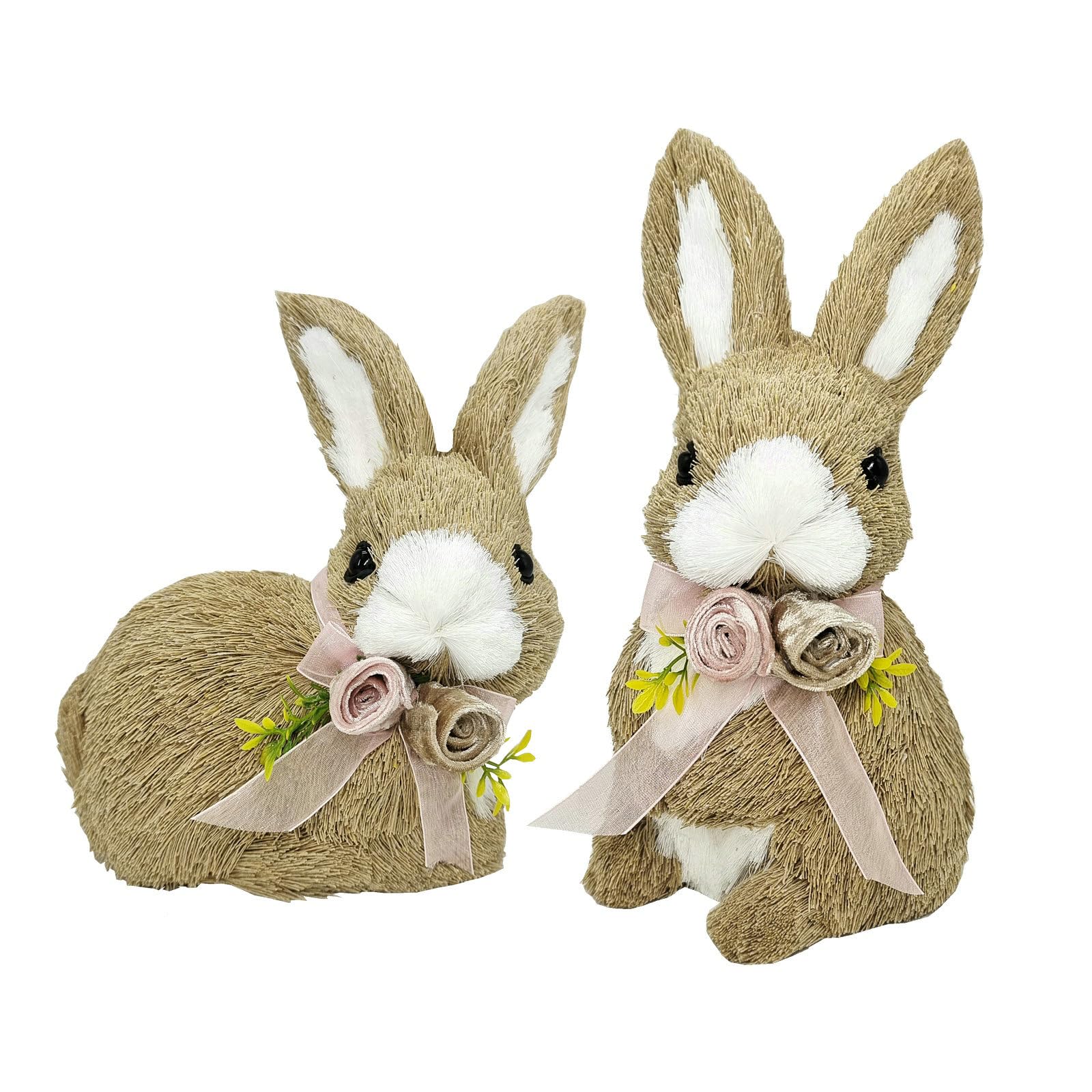 naturevibe 10 Inches Sisal Bunny Easter Decor,Set of 2 Easter Bunny w Floral Bow as Spring Decor,Decorative Farm Animals as Home Decorations