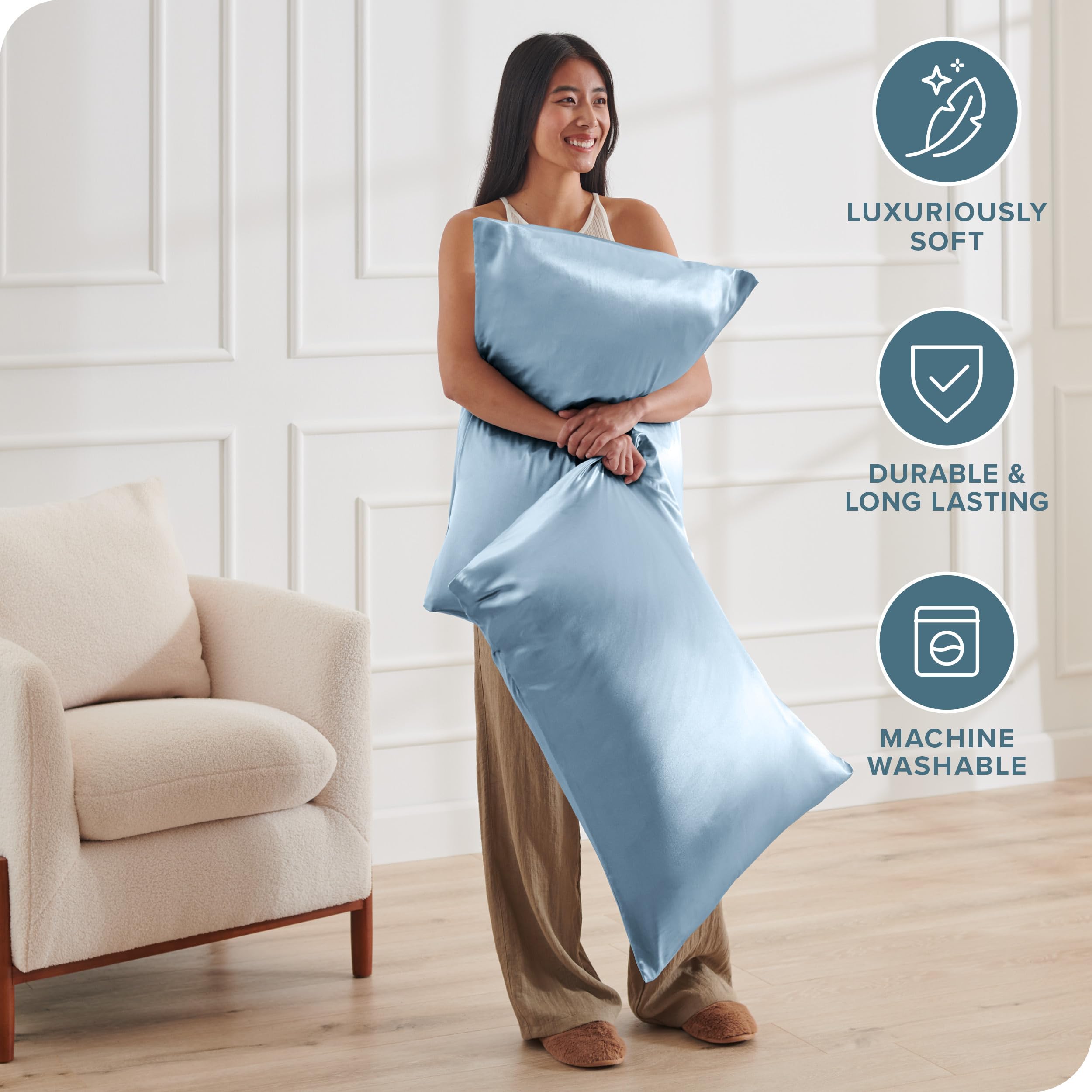 Bare Home Satin Pillowcases for Hair and Skin - 2 Pack Standard (20x26) - Luxury Pillowcases - Envelope Enclosure - Soft and Smooth Satin - Breathable - Similar to Silk (Light Blue, 2 Pack) - Image 6