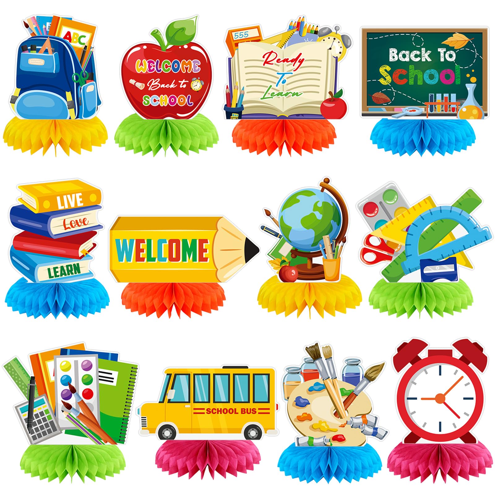 Photo 1 of Liliful 12 Pcs Back to School Decorations Honeycomb Centerpieces for Table First Day of School Centerpieces 3D Table Topper Supplies Pencil Bus Blackboard Book for Kindergarten Classroom Party