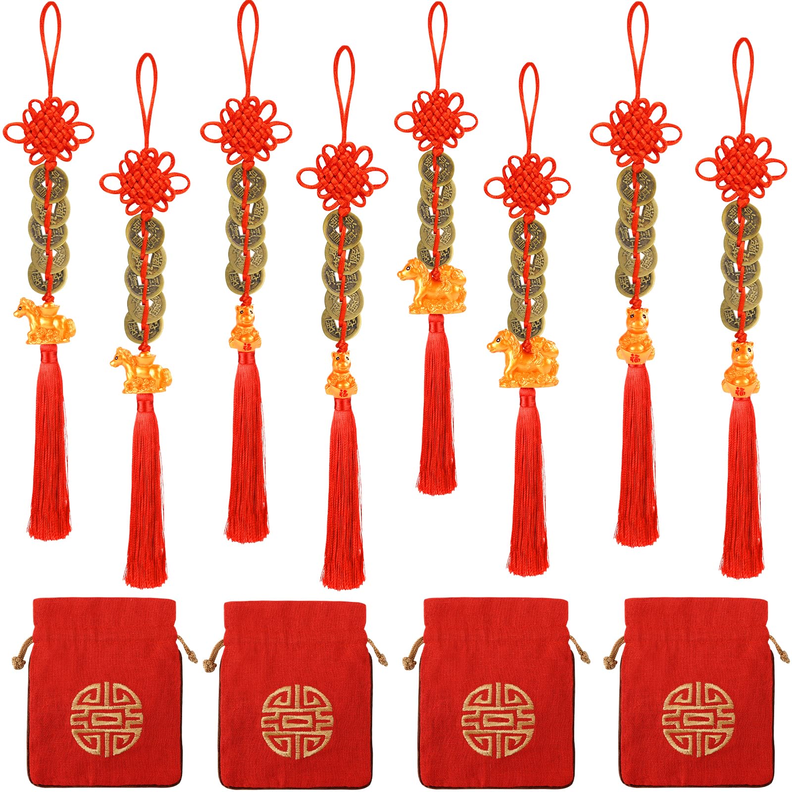 Photo 1 of 12 Pcs Chinese New Year Horse Decorations Lunar New Year fengshui Coins 2026 Red Tassel Ornaments with Wealth Success Good Luck Hanging Decorations for Gifts Home Car Decor
