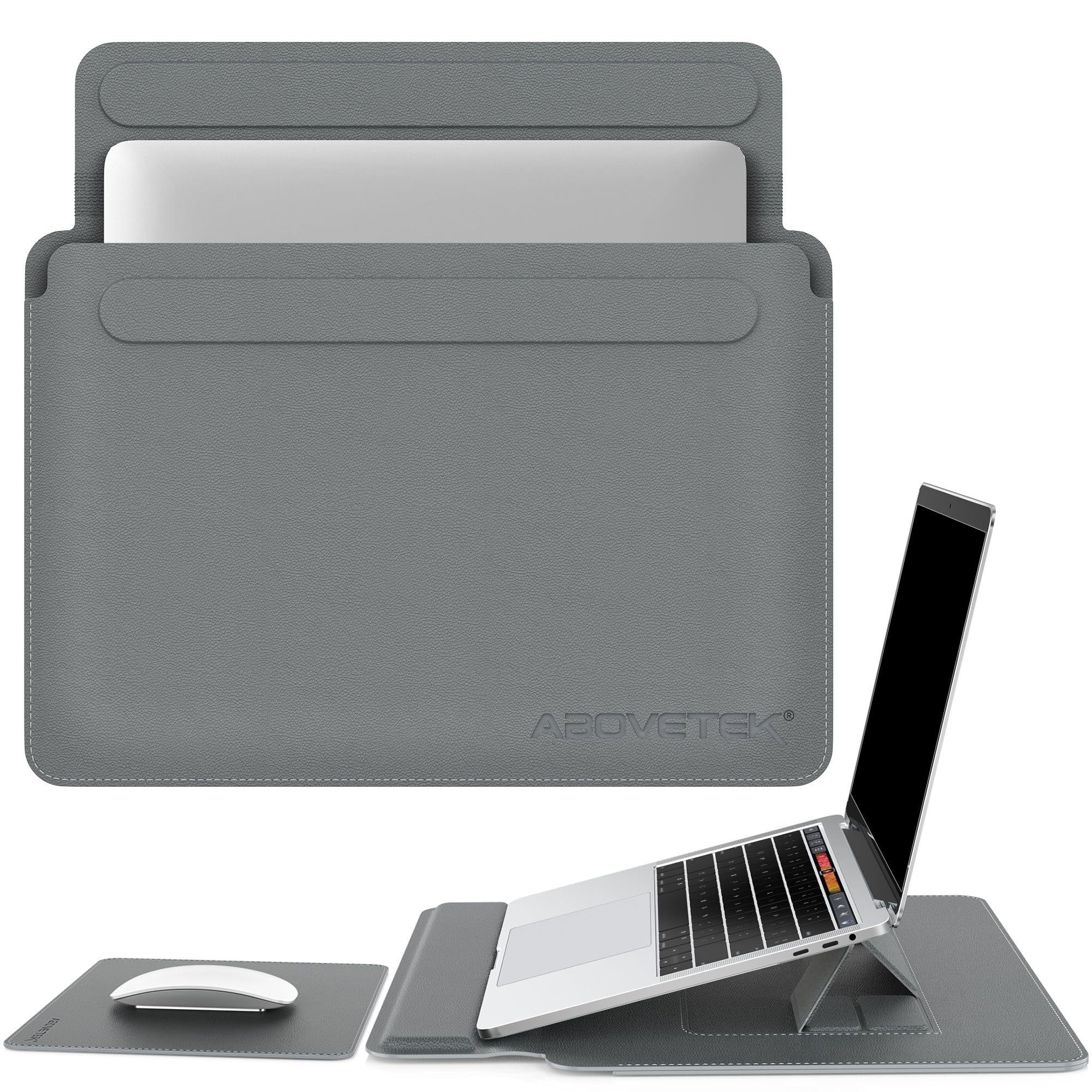 Photo 1 of AboveTEK Laptop Sleeve Case for 13-14 inch MacBook Air/Pro, Slim Laptop Case with Stand, Ergonomic Wrist Rest & Mouse Pad, Waterproof Anti-Scratch Leather Bag for 13-14 Surface HP, Grey