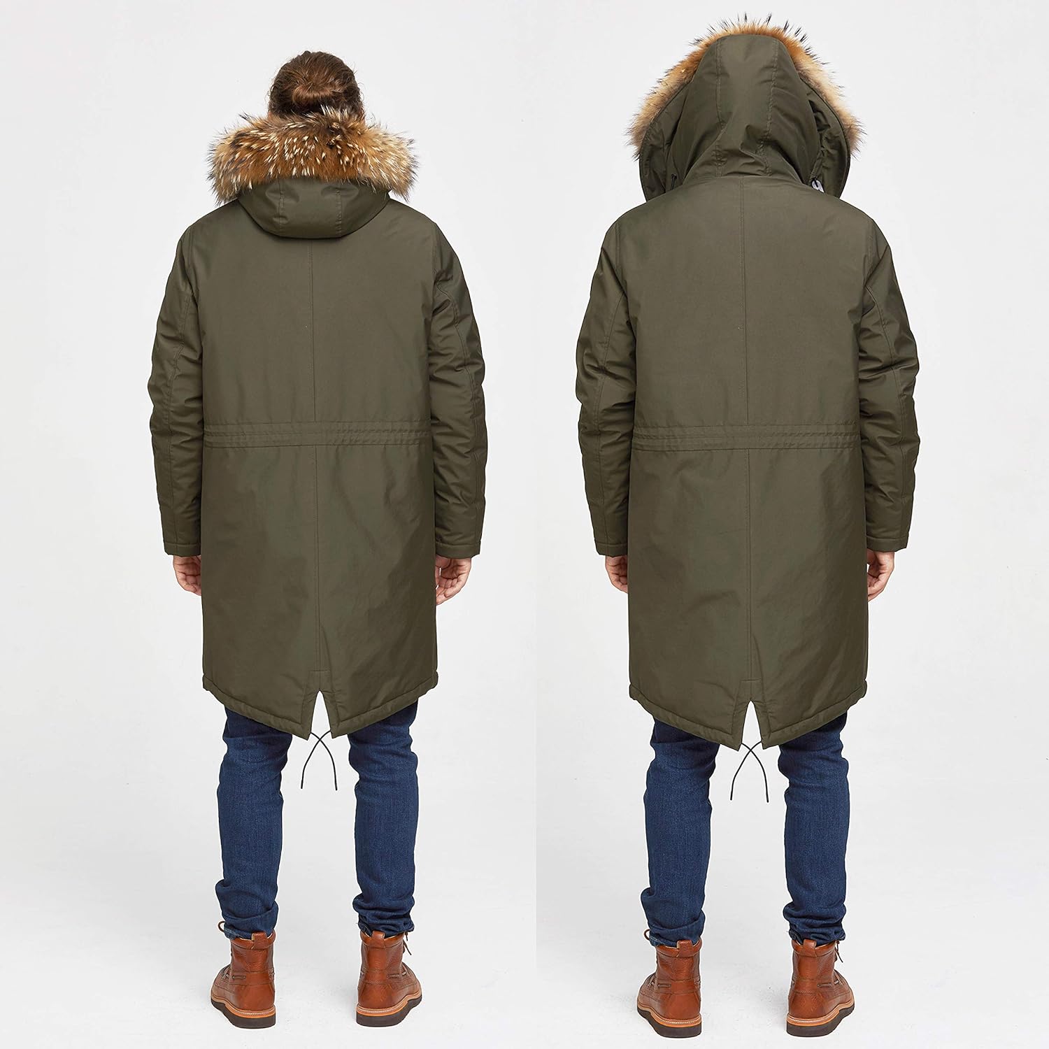 TIGER FORCE Winter Parka City Jackets for Men Business Coat Hooded with Real Fur Trim Insulated Waterproof Snow Jacket Green: Clothing