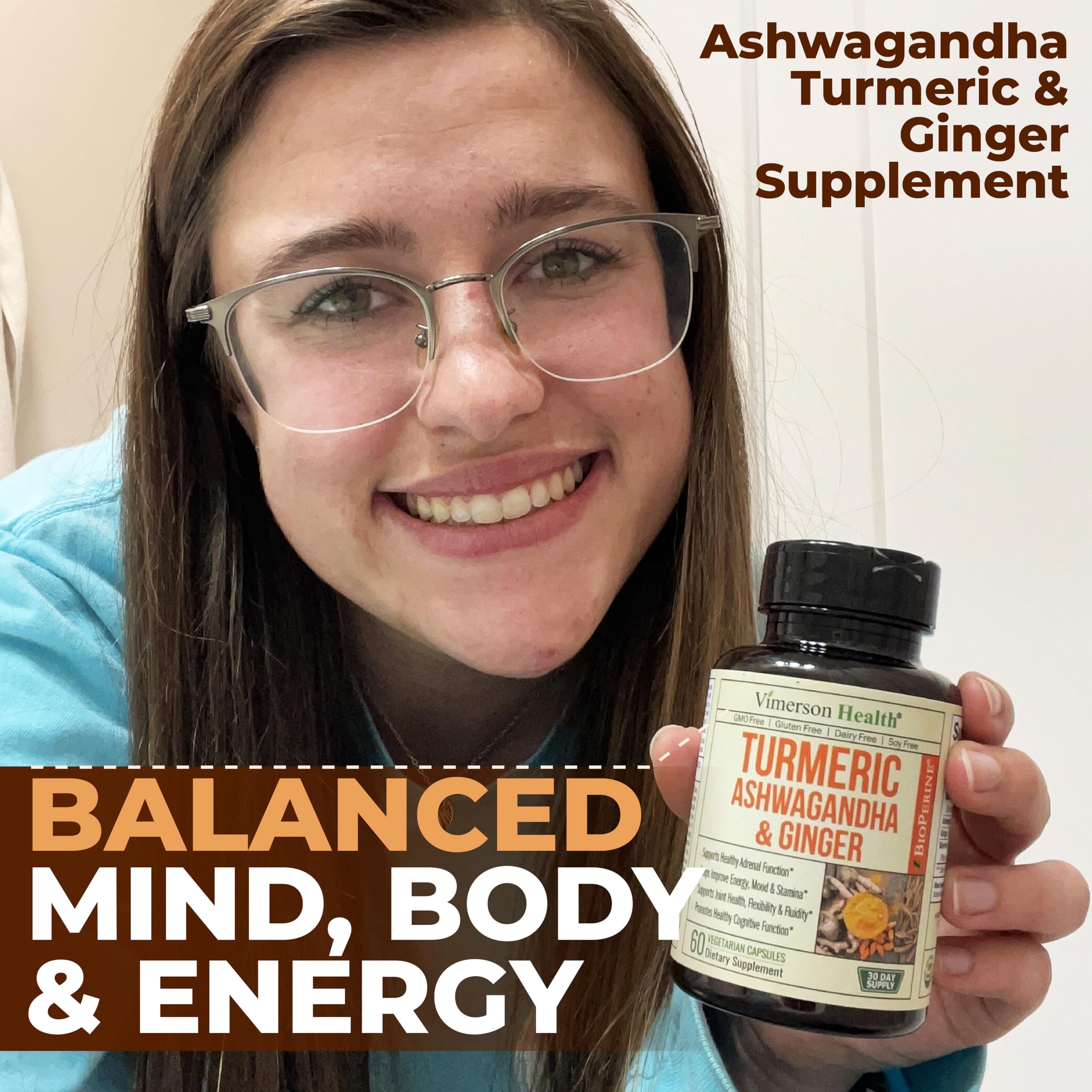 Ashwagandha Turmeric Curcumin Supplement with Ginger - Organic Turmeric Supplement, Curcumin with Black Pepper (95% Curcuminoids), Ginger Root for Joint Health, Energy & Immune Support. 60 Capsules