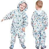 Kids Toddler Rain Suit for Boys Girls One Piece Hoodie Zipper Cartoon Waterproof Coverall Rain Jacket 1-10 Years