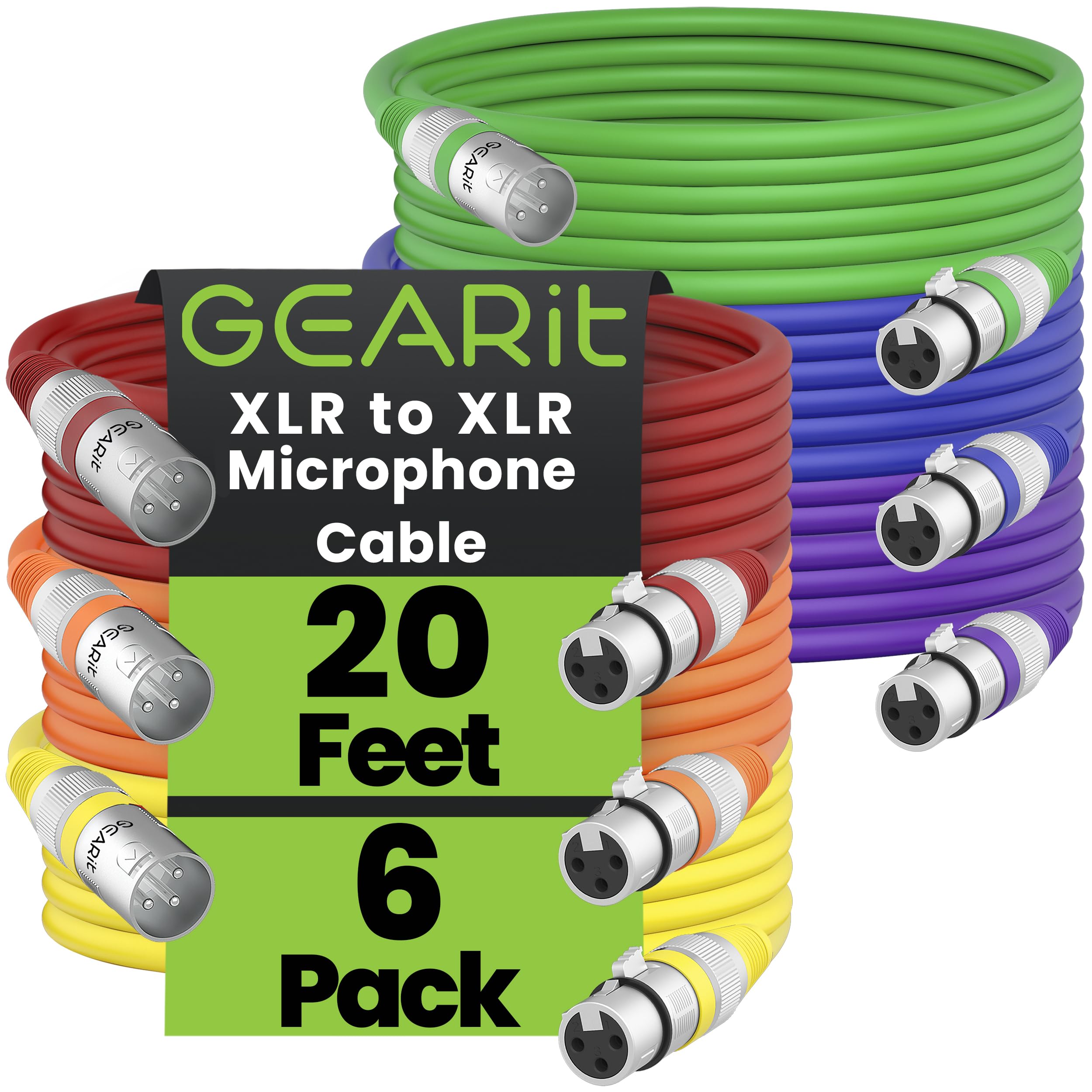 GearIT 20Ft XLR Male to Female Mic Cable - 6 Pack, Balanced Shielded, Multi Colored, Recording Studio, Podcast