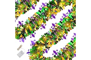 BIGMETA 33ft Mardi Gras Garland with LED String Lights, Thick Full Mardi Gras Decorations with Lily Pattern, Shiny Tinsel Garland for Indoor Outdoor Decor Carnival Party Ornament
