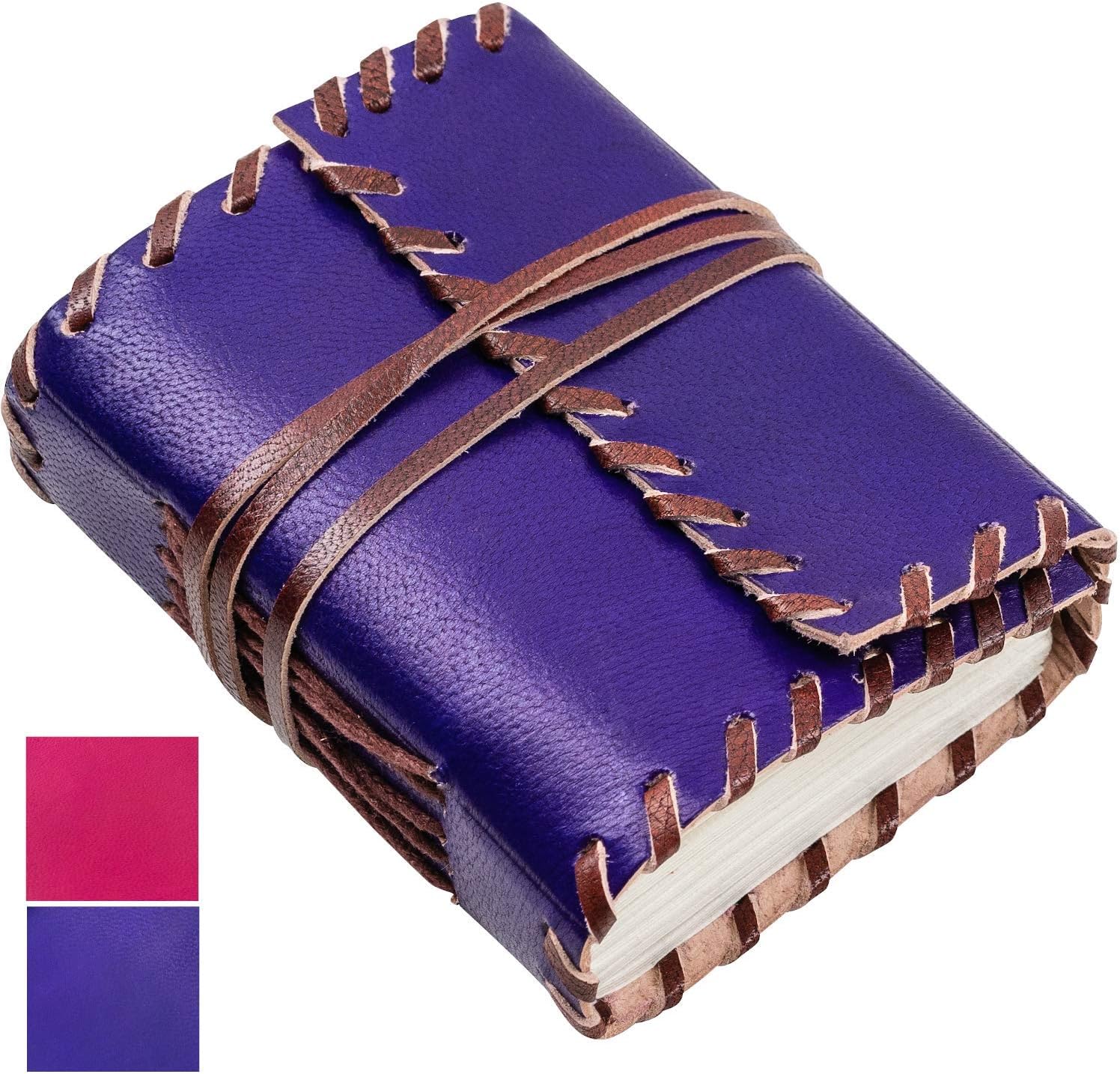 Leather Journal Mini Hand-made Notebook by Rowtons - 11x9cm Genuine Leather-Bound Writing Notebook Notepad for Women Girls with Plain Eco Paper, Small Travel Gift Book to Write In Over-stitched Purple
