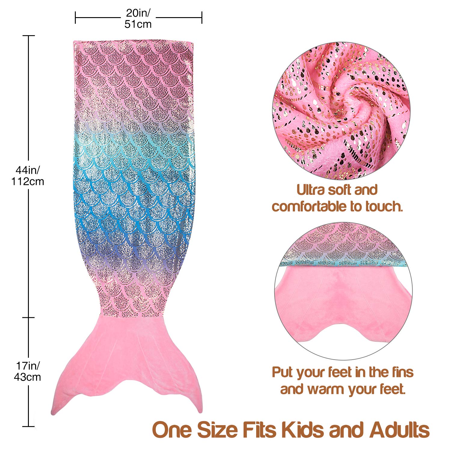 Catalonia Kids Mermaid Tail with Sleep Mask, Super Soft Flannel Sleeping Snuggle Blanket for Girls, Fish Scale Pattern, Birthday Gift for Daughter