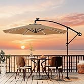 Garvee 10FT Solar Lights Offset Patio Umbrella with Cross Base, Tan | Cantilever Umbrella with Easy Lift &amp; Tilt Adjustment, 8 Ribs Sun umbrella UV Protection for Backyard, Pool, Garden