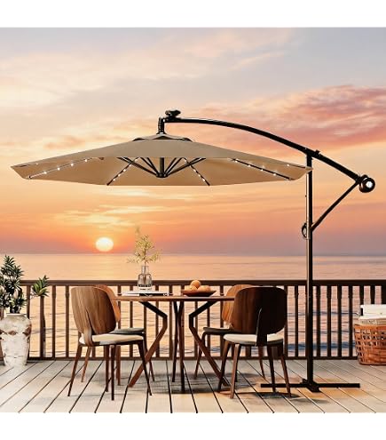 Giantex 10 ft Offset Patio Umbrella with 112 Solar Meteor Shower Lights, Outdoor Cantilever Umbrellas with 8 Ribs, Easy Tilt Adjustment, Hanging Market Umbrella for Backyard Garden Poolside (Burgundy)