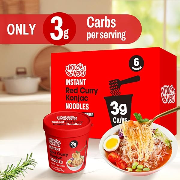 VOLO VERO KONJAC NOODLES INSTANT SOUP CUP SPICY RED CURRY, 6 PACKS, GLUTEN FREE, KETO, LOW CARB, LOW CALORIE, LOW SUGAR, LOW GI, SHIRATAKI NOODLE ANGEL HAIR PASTA, HEALTHY DIET FOOD HOLIDAY GIFTS