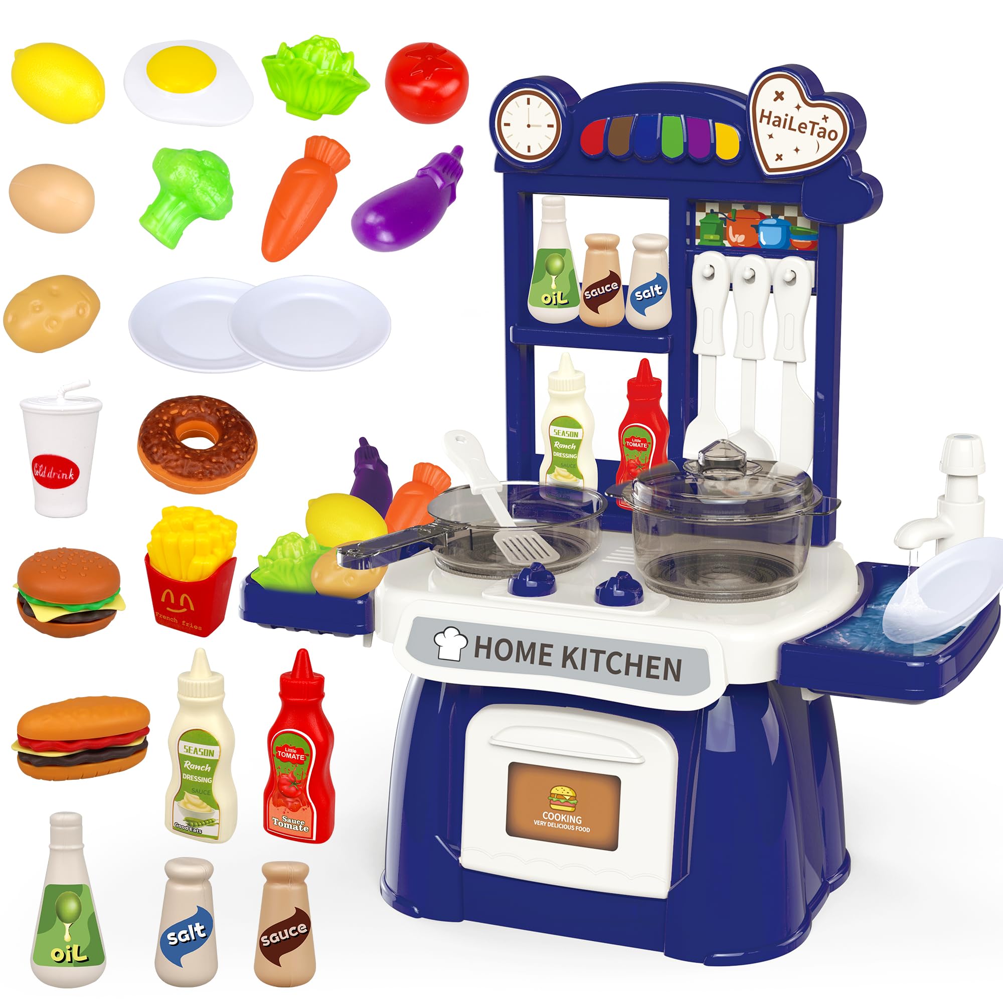 Photo 1 of Kitchen Set for Toddler with Sound and Light?Pretend Cooking Food Set,Kids Kitchen Playset?Play Sink with Running Water and Electronic Induction Stove?Kitchen Accessories (Lyons Blue Kitchen)