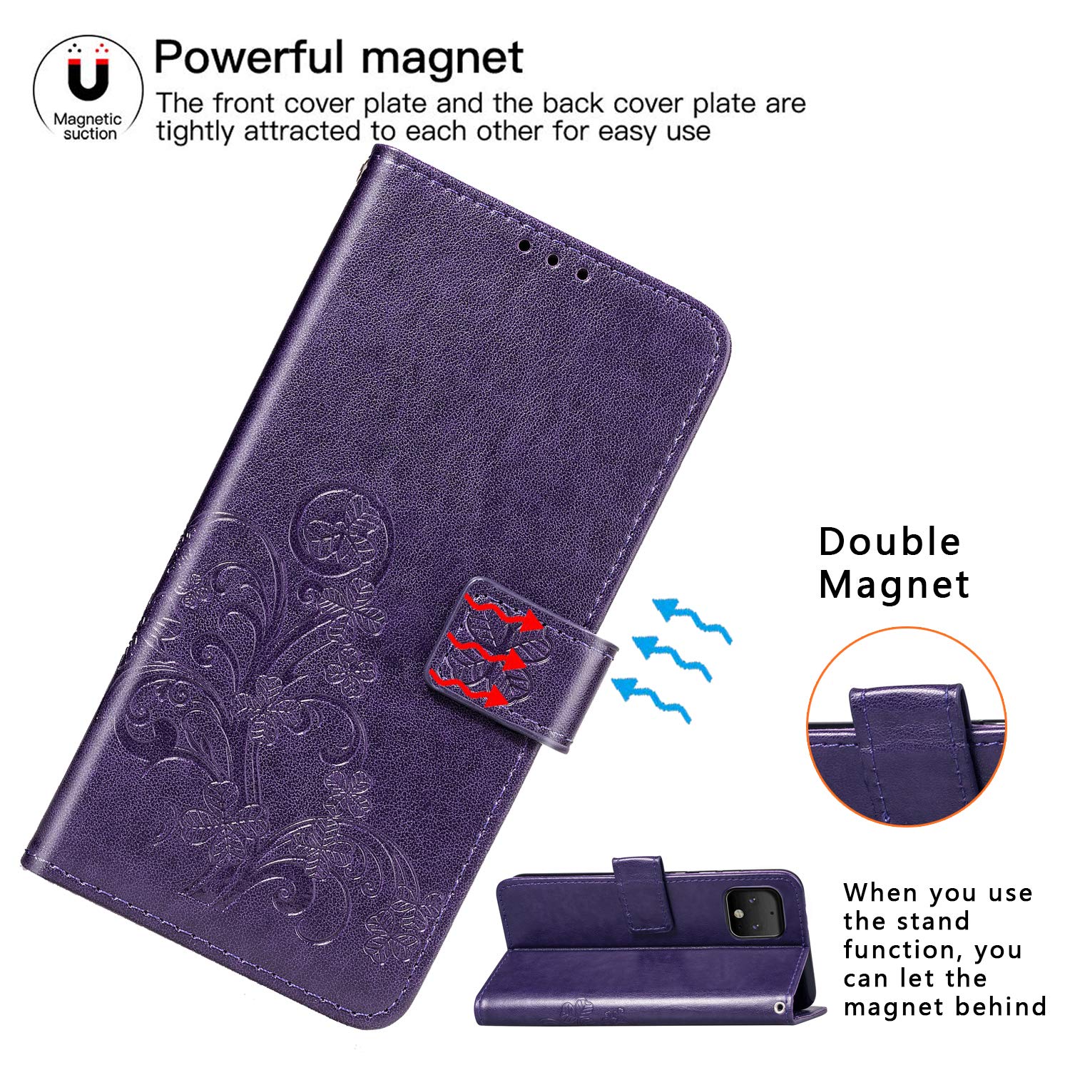 Halnziye for Google Pixel 4 Case - Magnetic Closure Soft TPU Flip Leather Wallet Phone Case with Kickstand Card Slots Designed for Google Pixel 4 Case Cover (Purple)