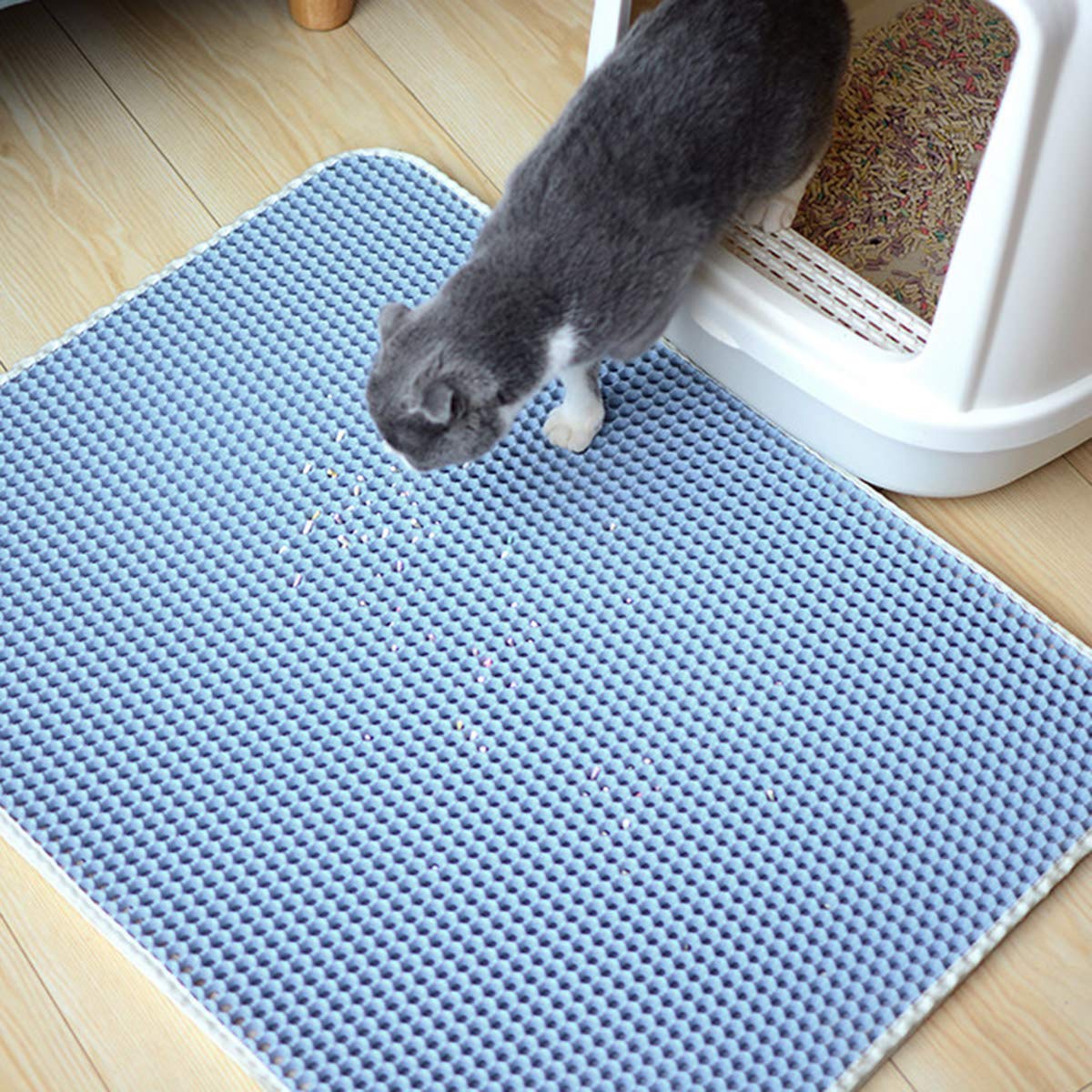 Huntfgold Cat Litter Box Mats for Catching & Trapping Kitty Litter (40 * 50cm, Blue)