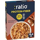 Ratio Protein Fiber Cinnamon Almond Cereal, 15.4 oz | 20g Protein, 6g Fiber per Serving, 6g Sugar, Wheat Flakes with Sliced Almonds &amp; Pea Protein Crisps, Great with Yogurt