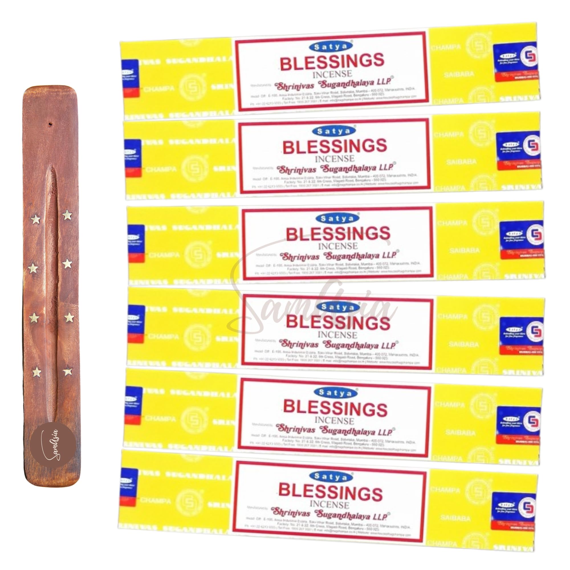 Satya Nag Champa Blessings Incense Sticks | x6 pack | with SAMASIA incense sticks holder | Used for Aromatherapy, Spa, Yoga, Weddings, Meditation, Healing, Positivity and Relaxation