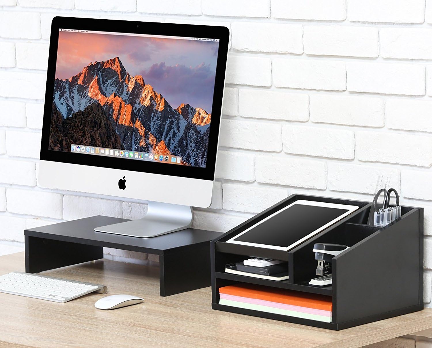 FITUEYES Wood Office Suppies Desk Organizer 5 Compartments with Letter Tray Phone Stand Pen Pencil Holder : Office Products