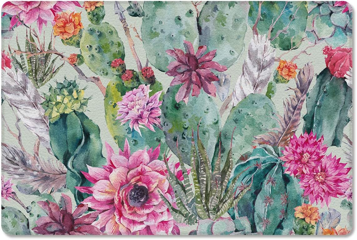 Gsypo Cushioned Anti Fatigue Kitchen Mat, Bohemia Style Watercolor Cactus Flowert Lightweight Cozy Faux Leather Doormat All-Season Floor Mat Standing Mats- 18" x 30"