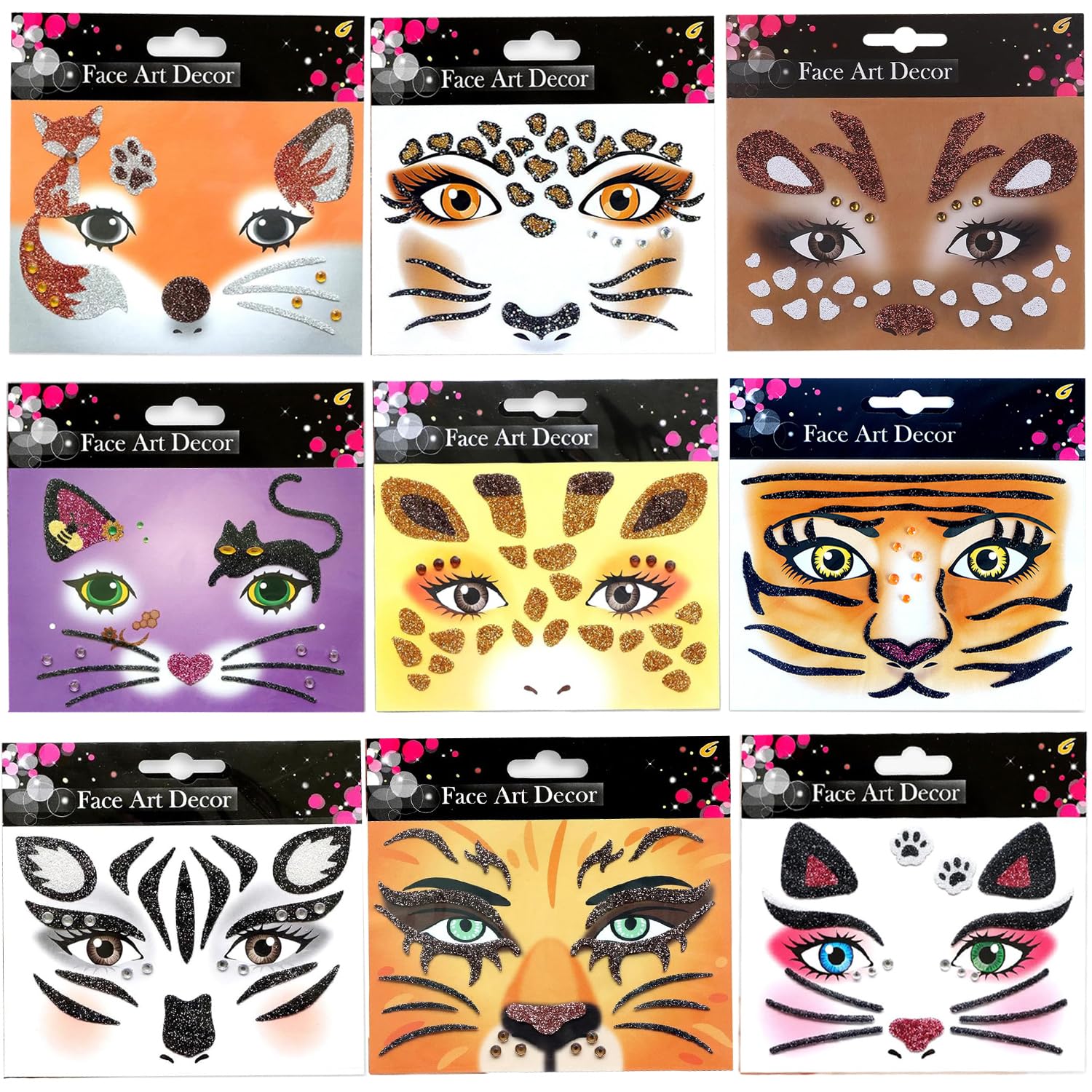 9 Sheets Glitter Animal Face Stickers Sparkling Eye Art Stickers Decals with Crystals Gems for Cosplay Make Up Party Decoration Supplies