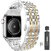 PUGO TOP Stainless Steel Band Compatible with Apple Watch 49mm 46mm 45mm 44mm 42mm 41mm 40mm 38mm, Dressy Business Strap for iWatch Series 11 10 9 8 7 6-1, SE3 2 1, Ultra 3 2 1, Two-Tone Metal Bands w/ Butterfly Clasp for Men&Women, Adjustable Links w/ Removal Tool