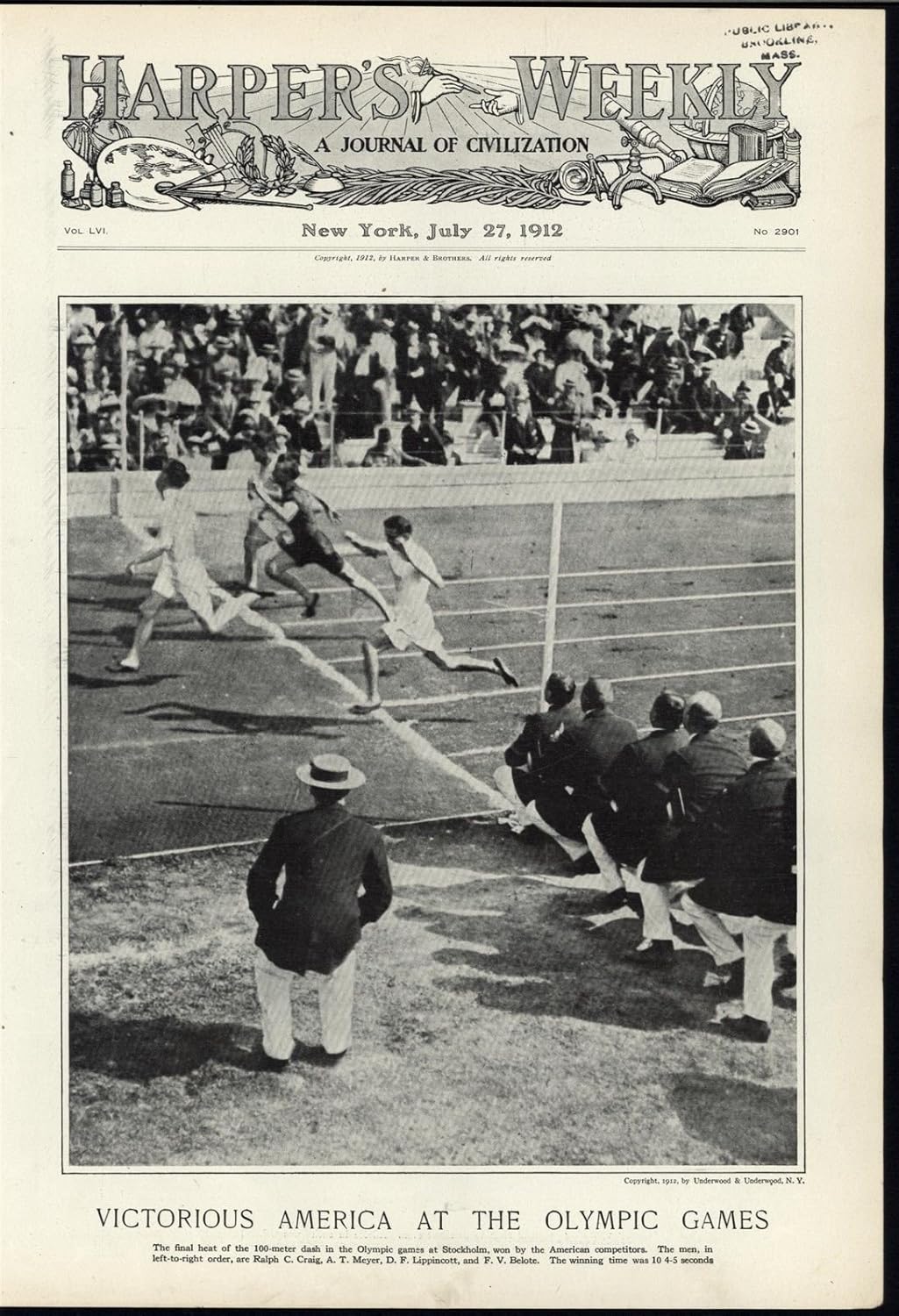 Olympic Sprinter Hundred Meter Dash Dramatic Race 1912 antique decorative print
