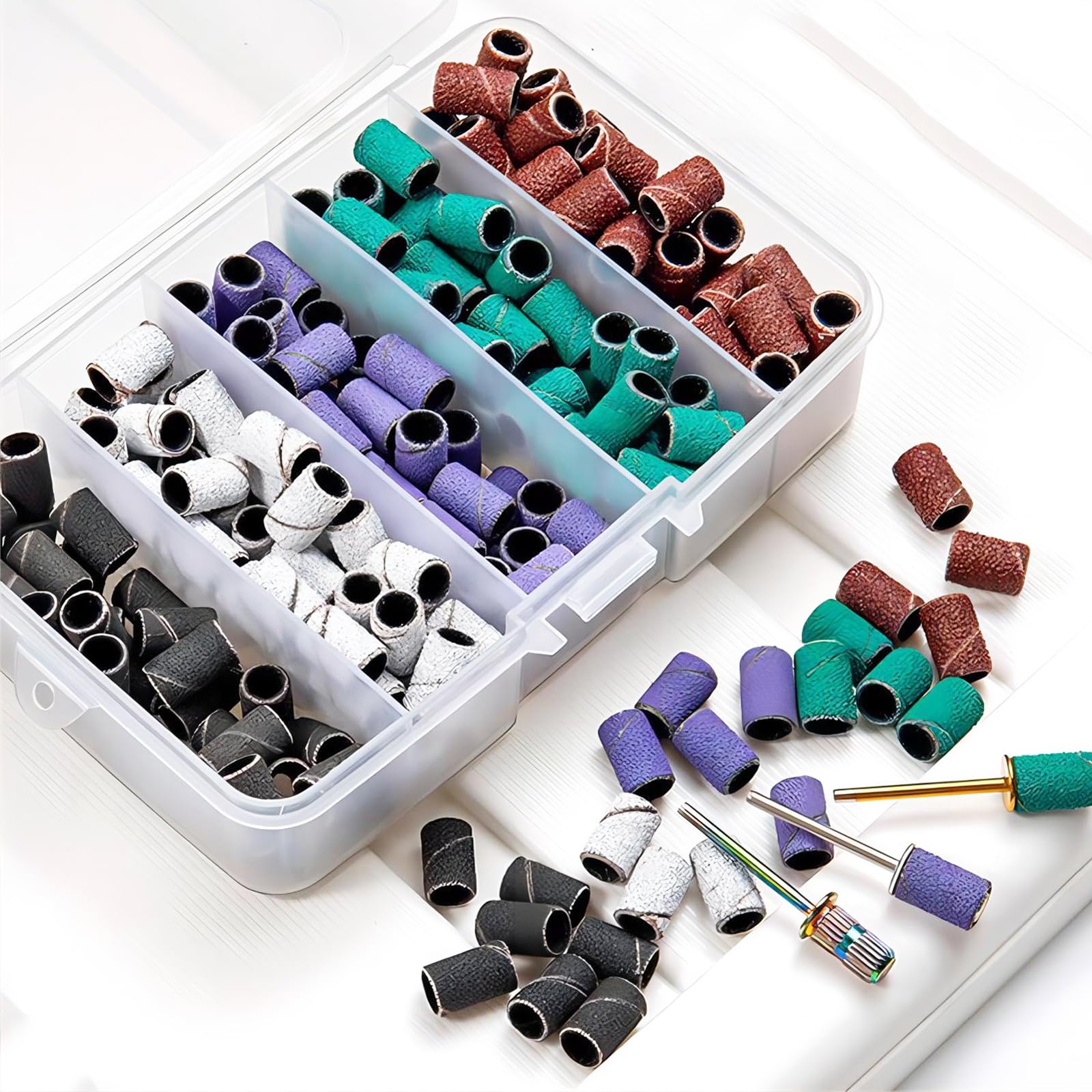 Treki Sanding Bands Nail Drill Bits, 250Pcs Nail File Sanding Band 80# 120# 180# 240# Coarse Fine Grits + 3Pcs 3/32" Mandrel Bits for Nails Polishing Shaping and Pedicure Care