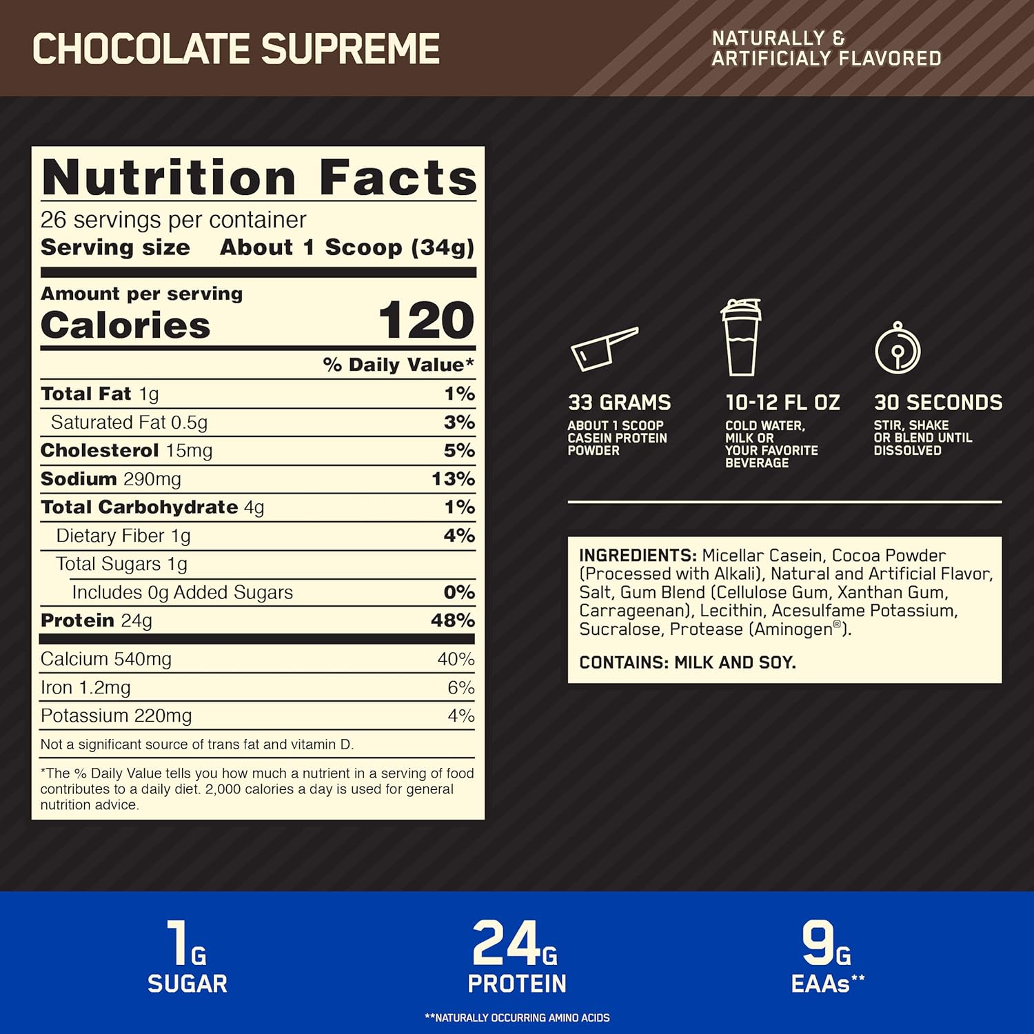Optimum Nutrition Gold Standard 100% Micellar Casein Protein Powder, Slow Digesting, Helps Keep You Full, Overnight Muscle Recovery, Chocolate Supreme, 2 Pound (Packaging May Vary): Health & Personal Care