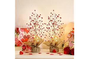 XunYee 2 Pack Lighted Valentine's Day Artificial Berry Heart Blossom Table Tree LED 16" h Red Heart Tree Table Centerpiece for Valentine's Day Holiday Decoration Home Decor Artificial Plants