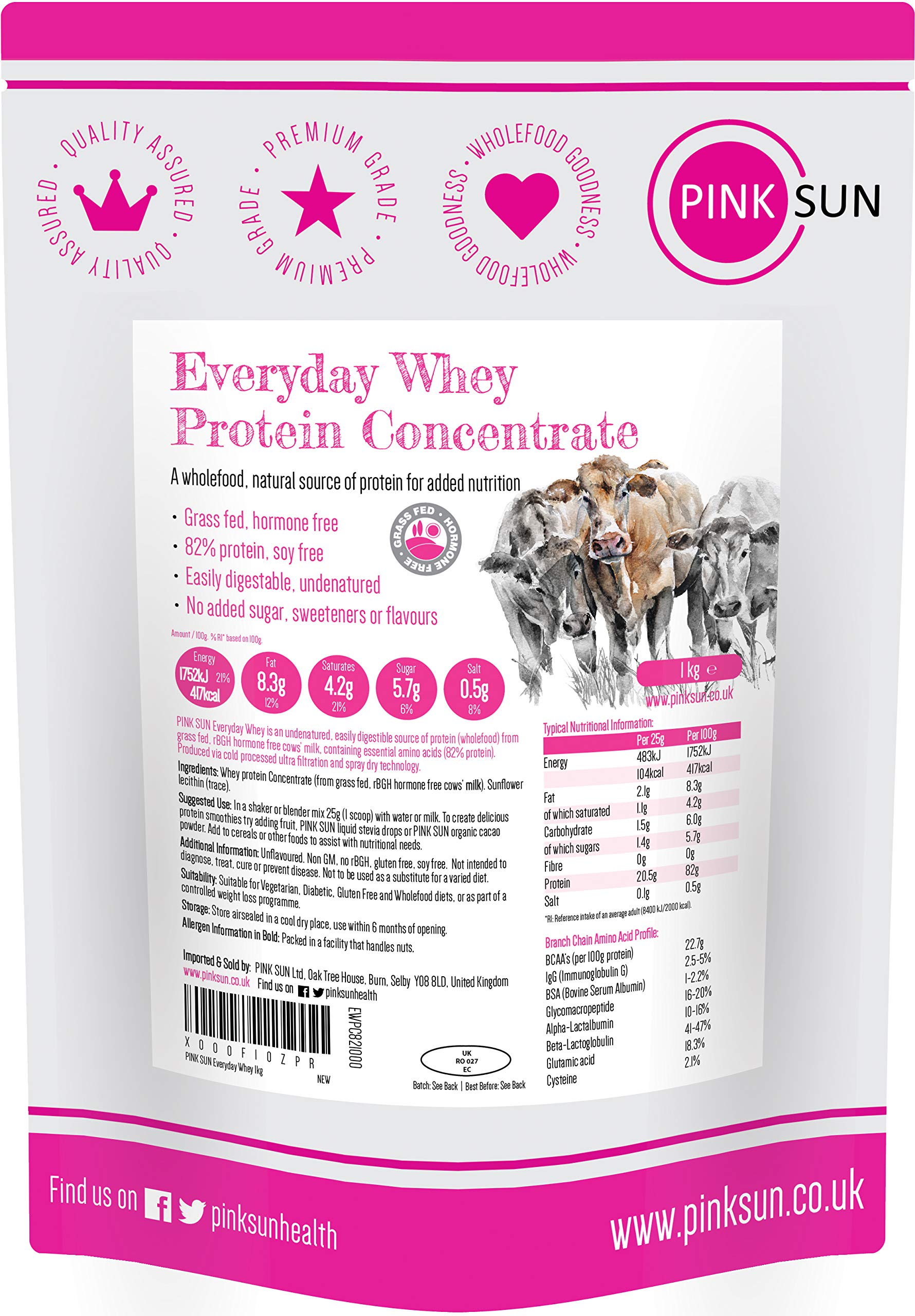 PINK SUN Whey Protein Concentrate Powder Unflavoured 1kg (82% Protein) Soy Free Grass Fed Gluten Free Vegetarian Undenatured Non GM Unsweetened Everyday Whey UK 1000g