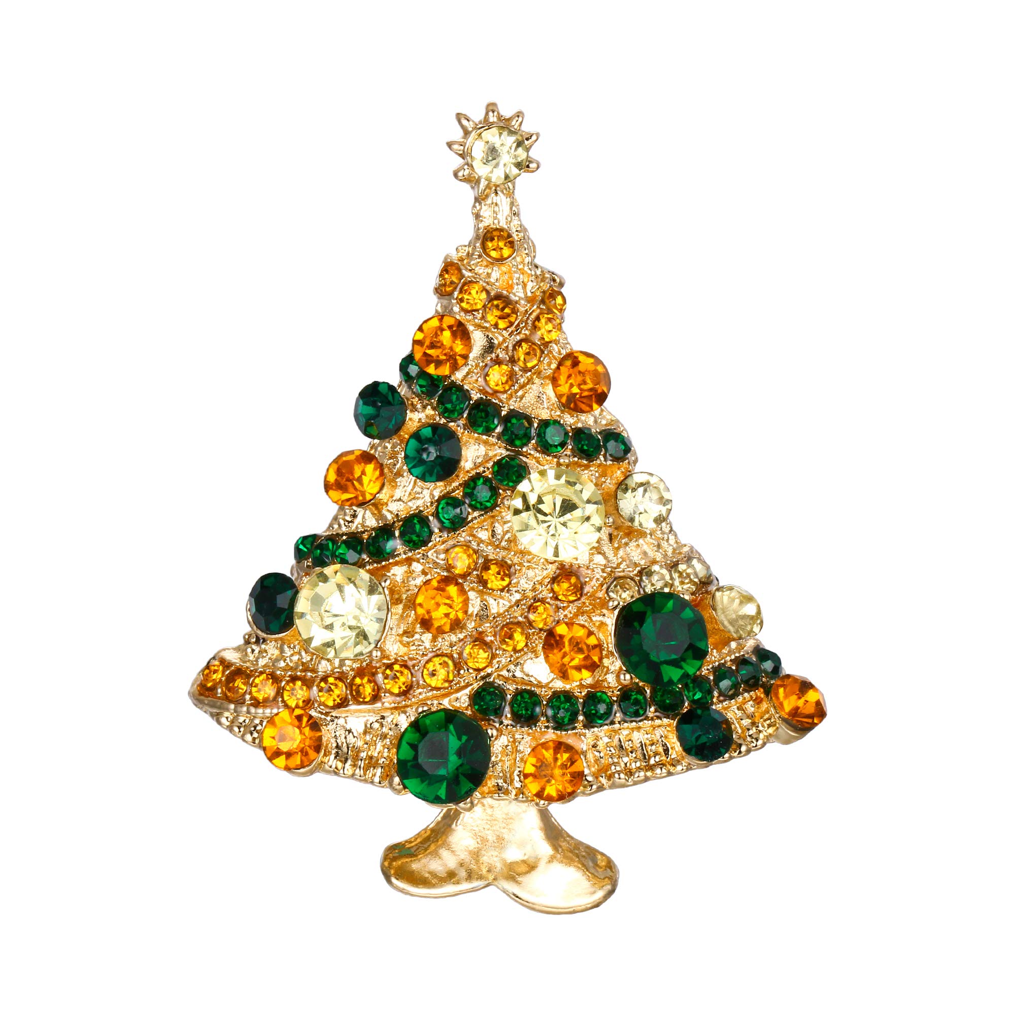 EVER FAITH Austrian Crystal Cute Streamer Star Wishing Tree Brooch Pin Green w/Brown Gold-Tone